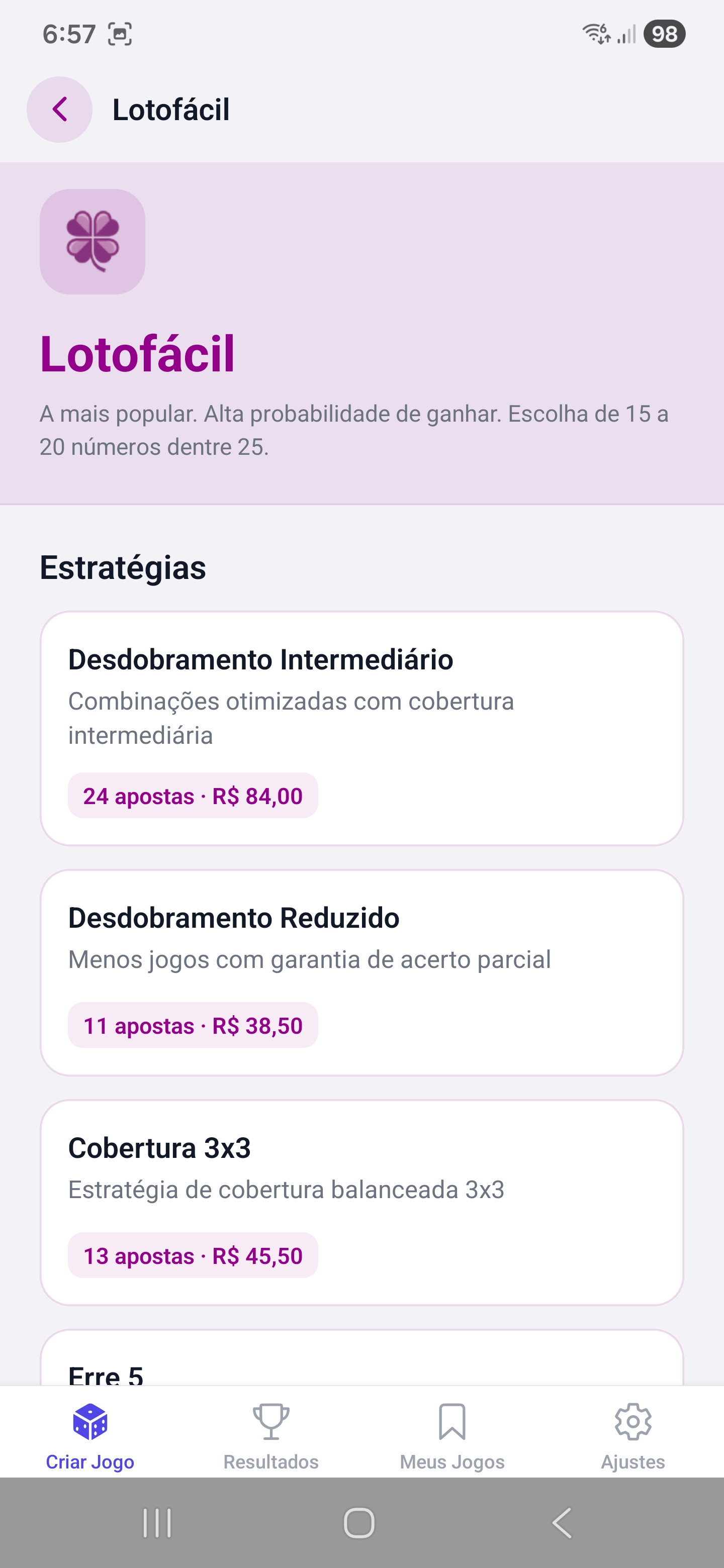 Criar jogo Lotofácil