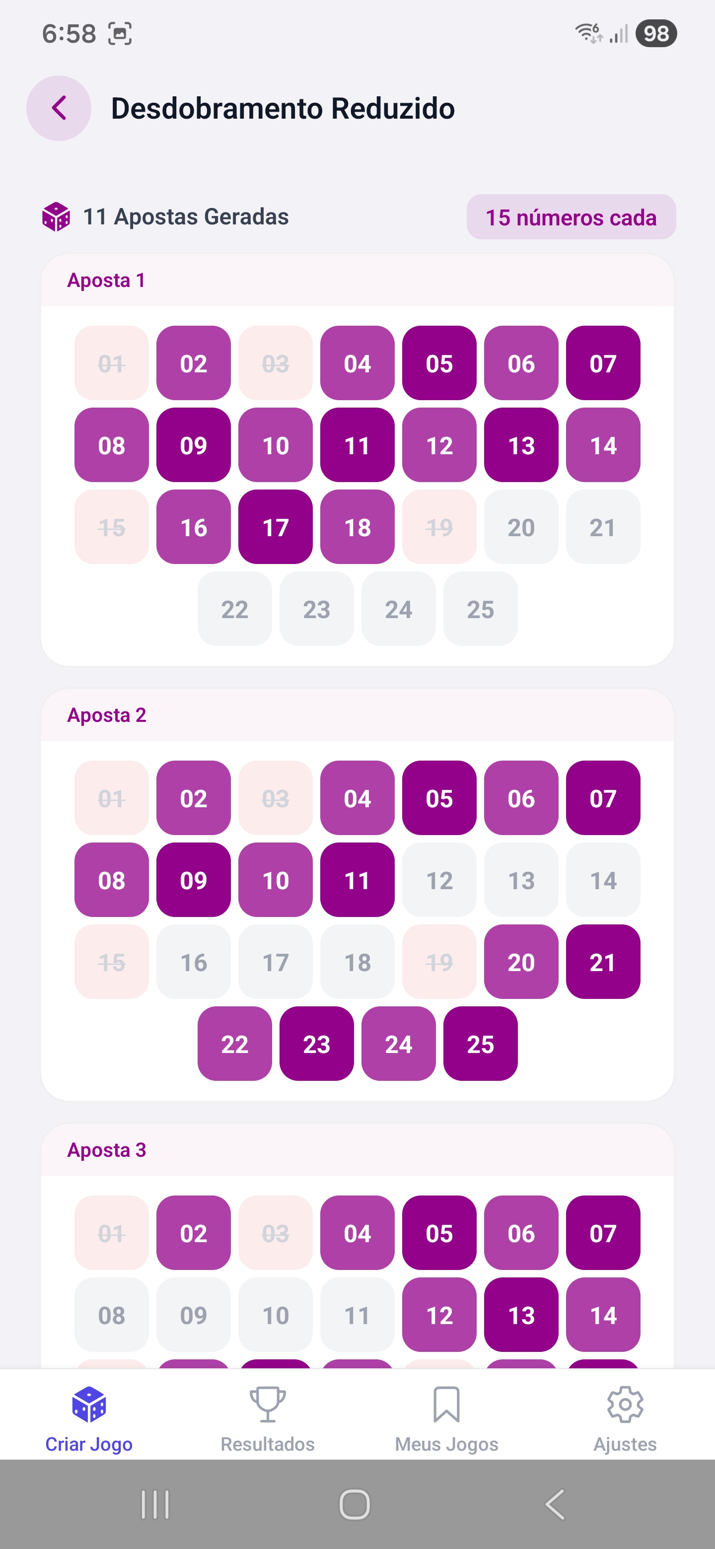 Desdobramento reduzido Lotofácil