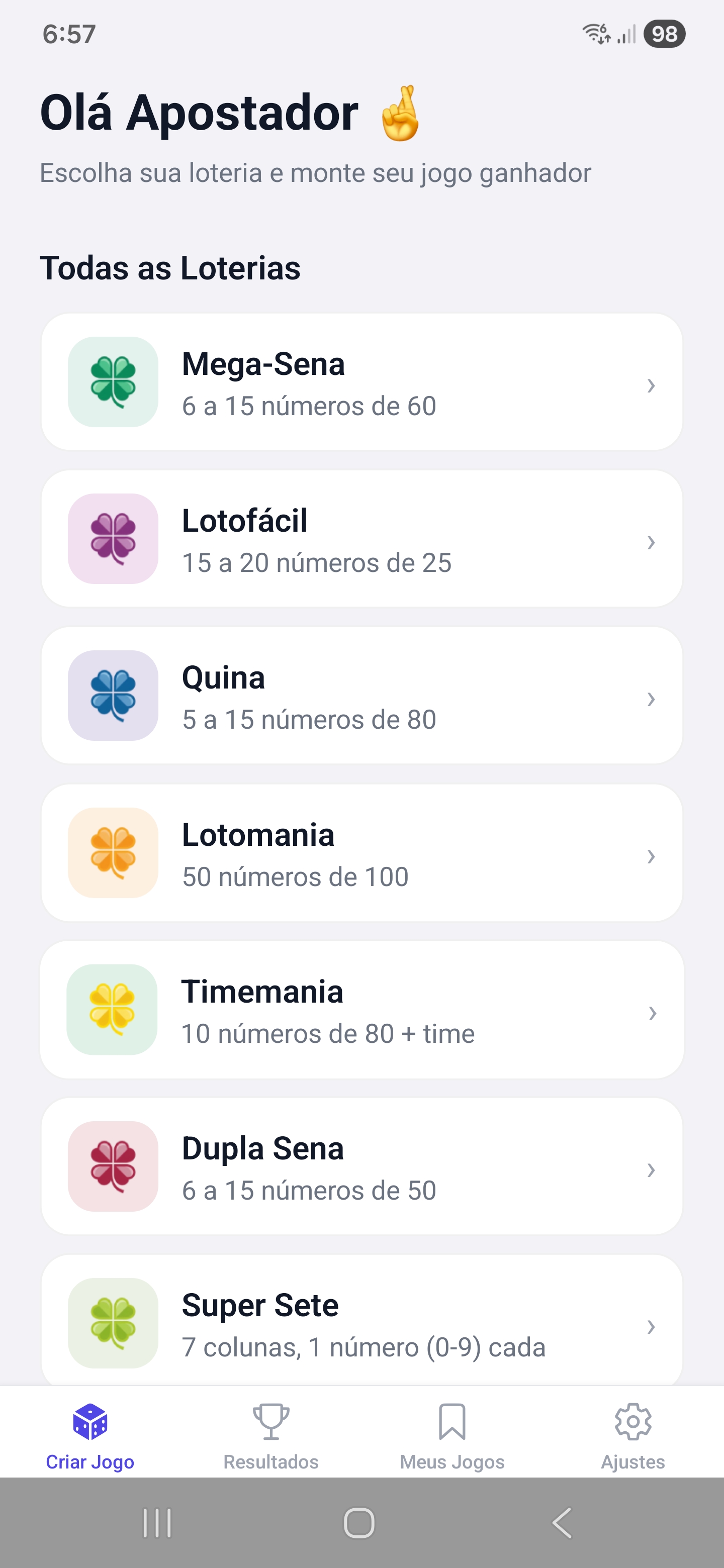 Tela inicial do Loteria VIP