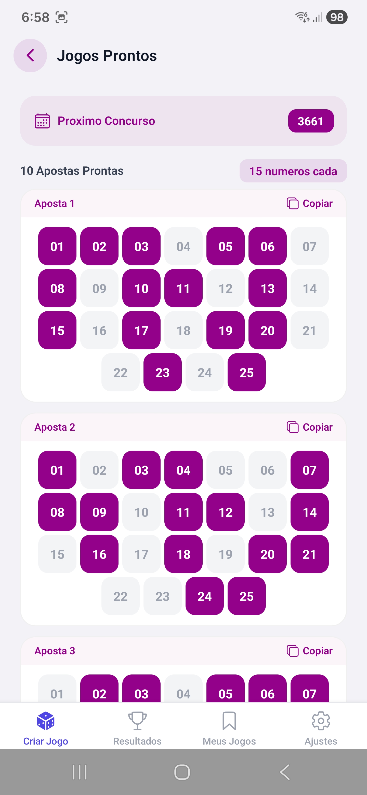 Jogos prontos Lotofácil