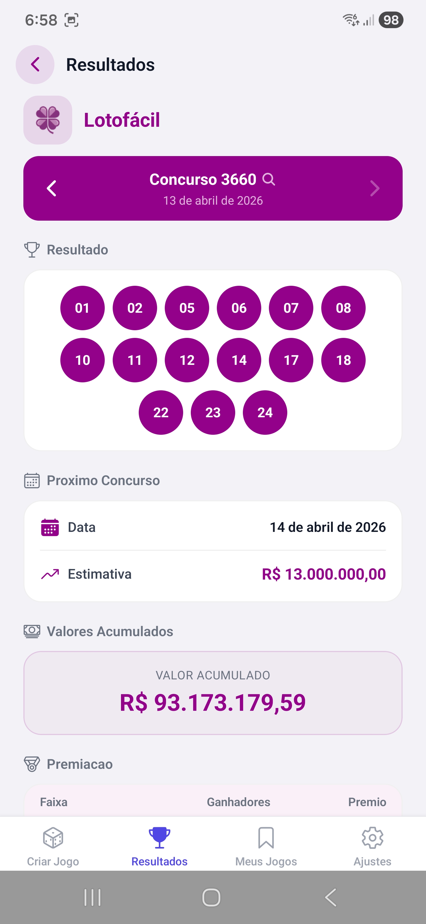 Resultado detalhe Lotofácil