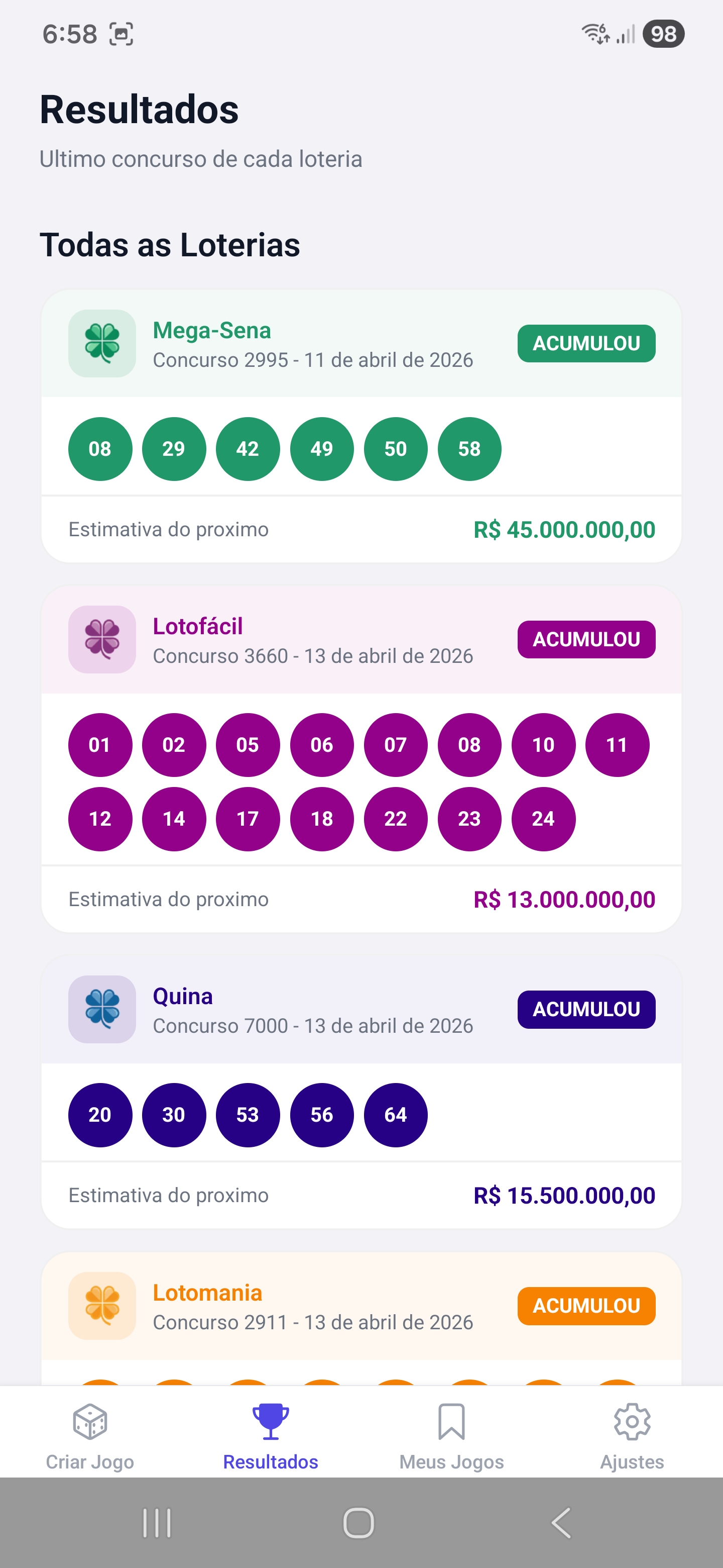Tela de resultados